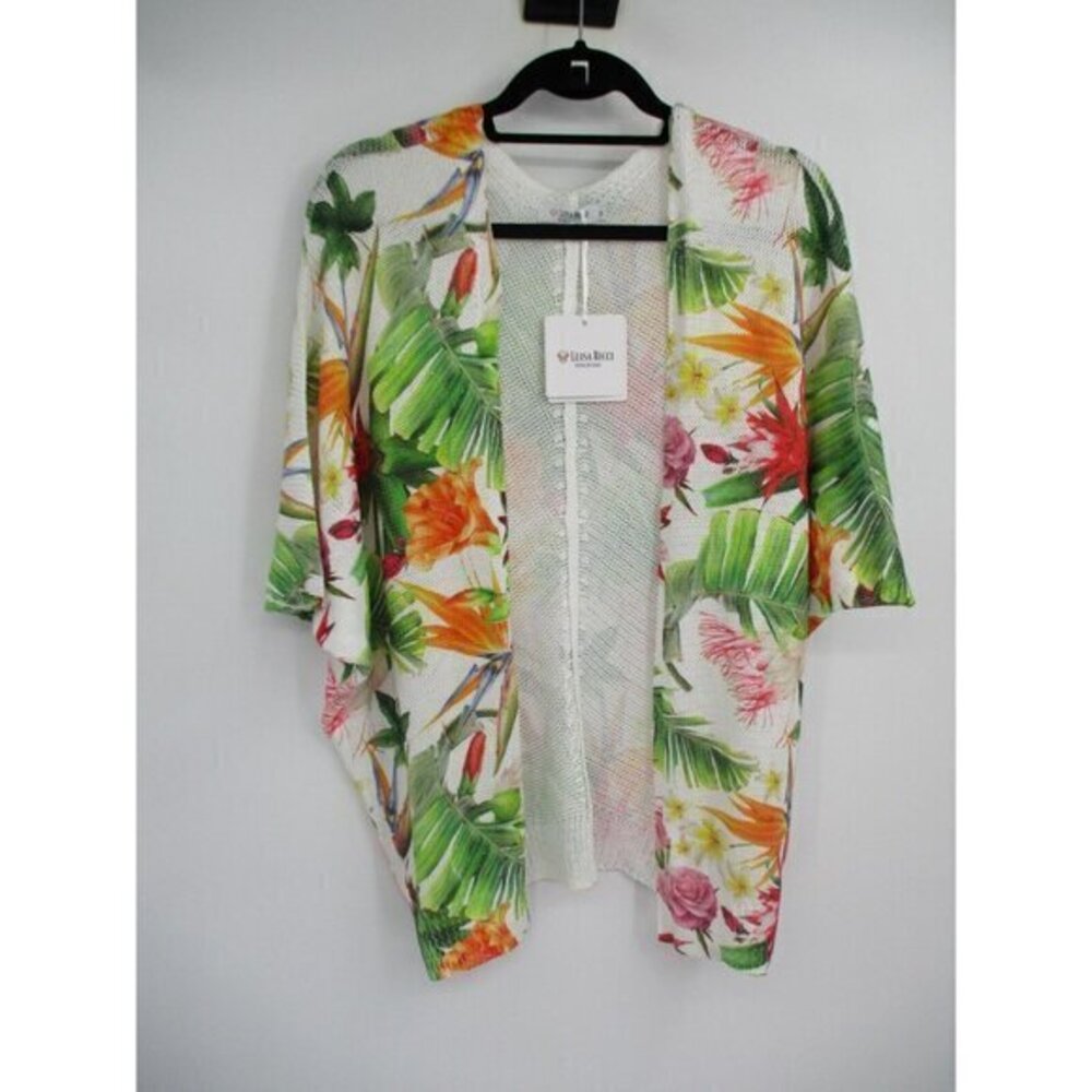 Luisa Ricci Womens Sweater Medium Multi Color Floral Open Front Stretch Tropical